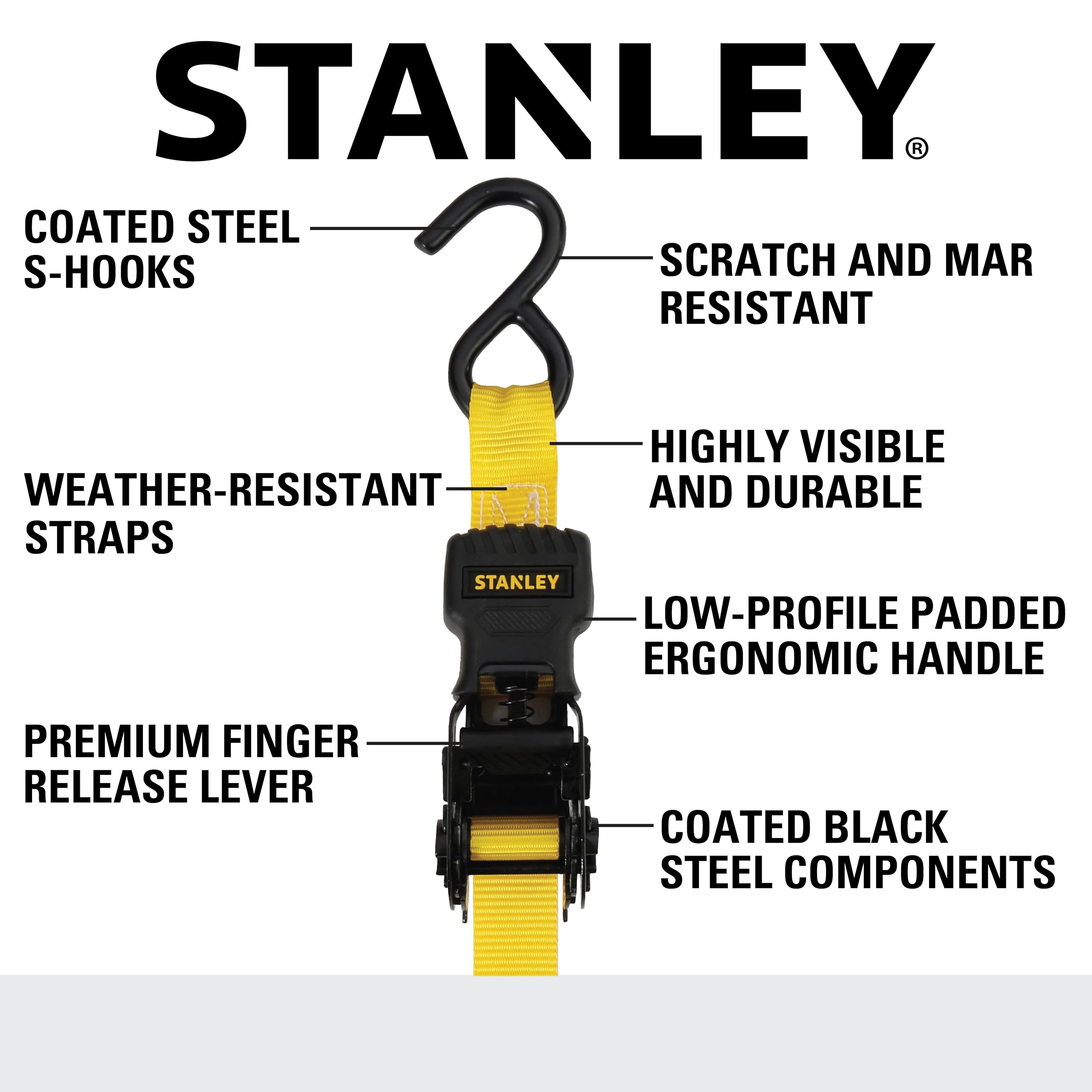 STANLEY S1007 Black/Yellow 1.5" x 16' Ratchet Tie Down Straps - 1,100 lb Safe Working Load / 3,300 lb Break Strength, 2 Pack