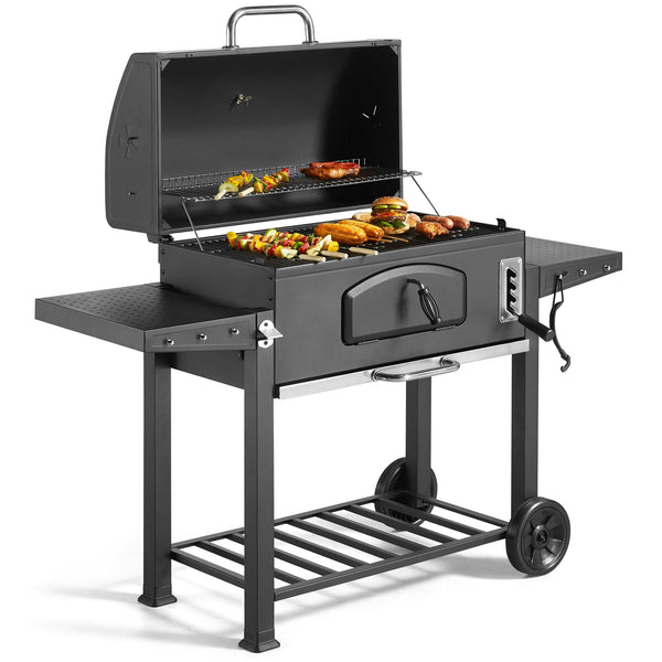 VonHaus Charcoal BBQ – XL Portable Barbecue with Warming Rack, Fold Down Shelves, Temperature Gauge, Wheels, Cooking Grill, Air Vents – 2 in 1 Barbeque and Smoker – Grill Meat, Fish & Vegetables