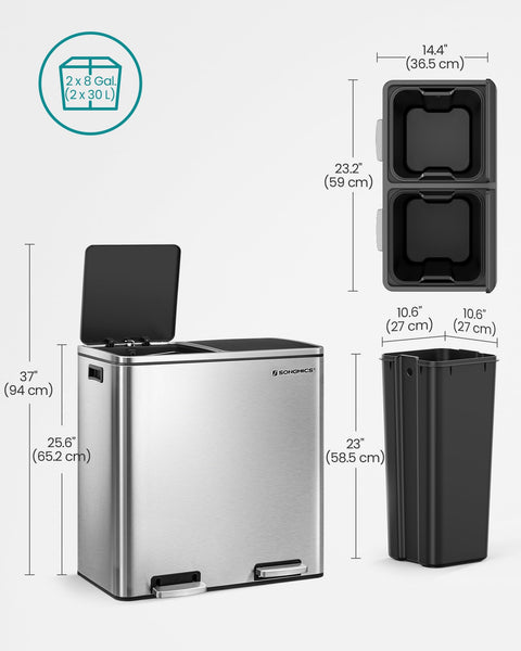 SONGMICS Dual Rubbish Bin, 2 x 30 L Recycling Bin with 15 Rubbish Bags, 2-Compartment Metal Pedal Bin with Lids and Plastic Inner Buckets, Soft Closure, Slate Grey LTB060G01