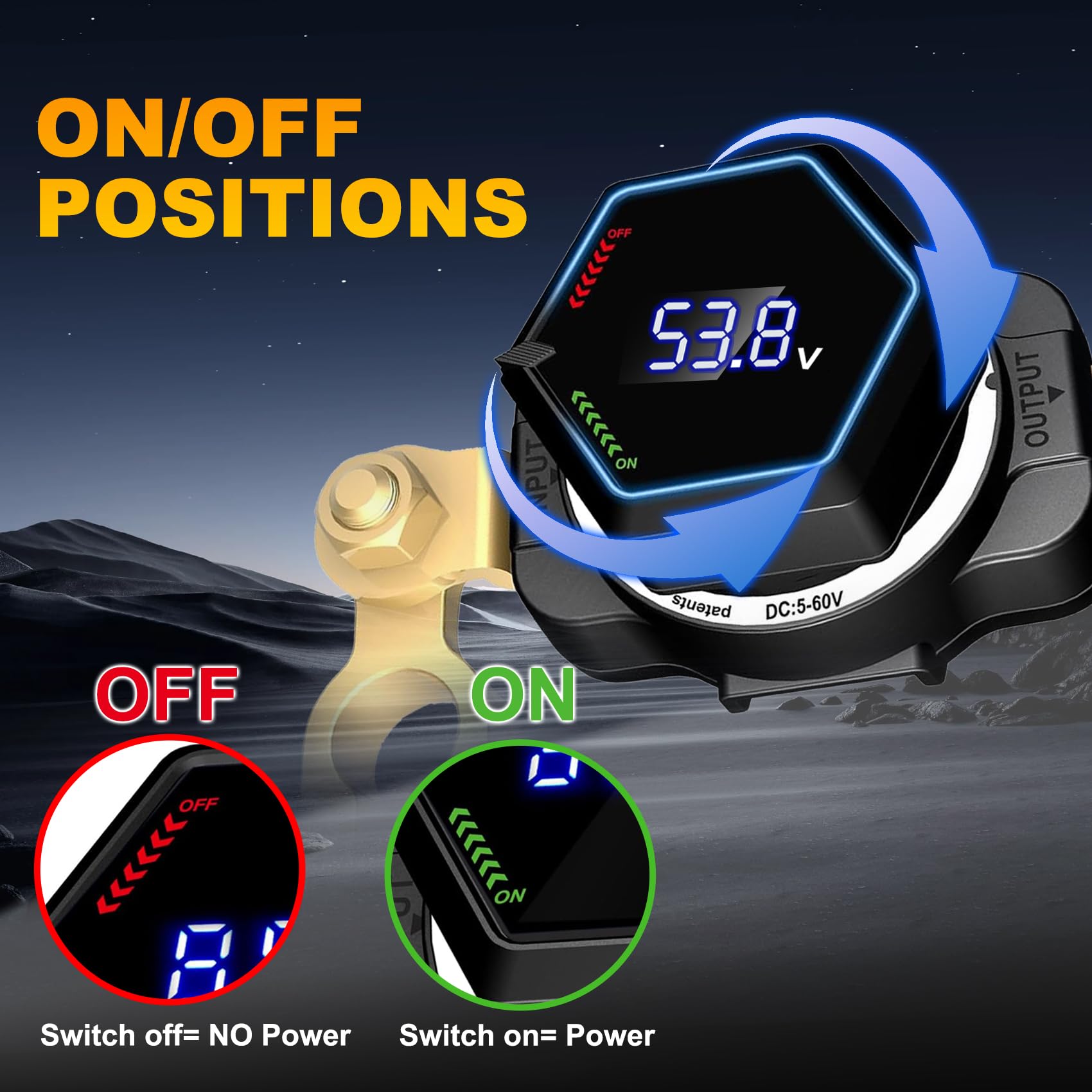 Top Post Battery Isolator Switch with Voltmeter, DC 5-60V Master Isolator On Off Kill Switch Power Cut/Shut Off Switch for Marine Boat RV Car Truck Camper Trailer