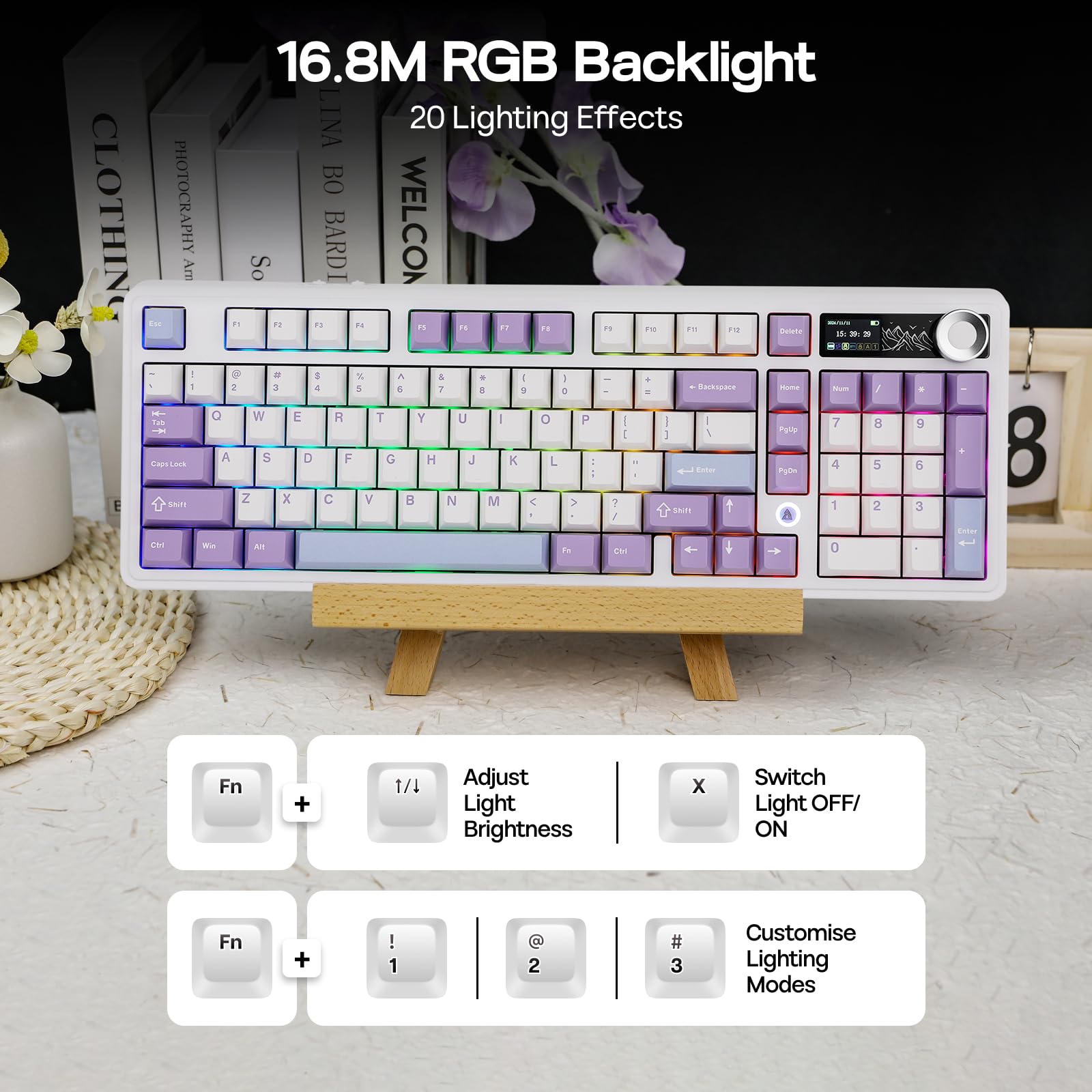 MechLands AK980 98% Mechanical Keyboard, BT5.0/USB-C/2.4GHz Wireless Gaming Keyboard, Hot Swappable Creamy Custom Keyboard with 1.14" TFT Screen, Knob, RGB for Win/Mac (White, Gift V2 Switch)