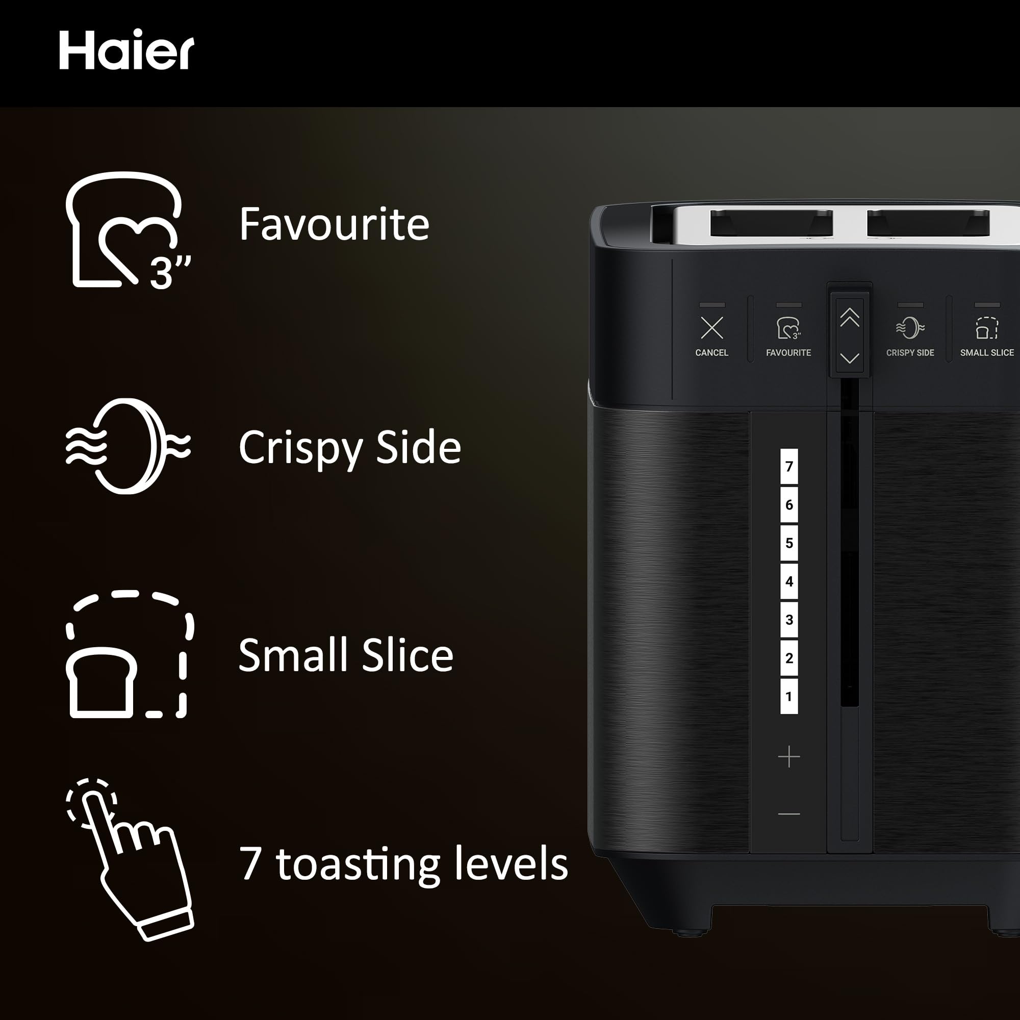 Haier Toaster, I-Master Series 5, 2 Slices with Extra Large Slots, 7 Toasting Levels, Stainless Steel, On App, Black [HTO5A3]