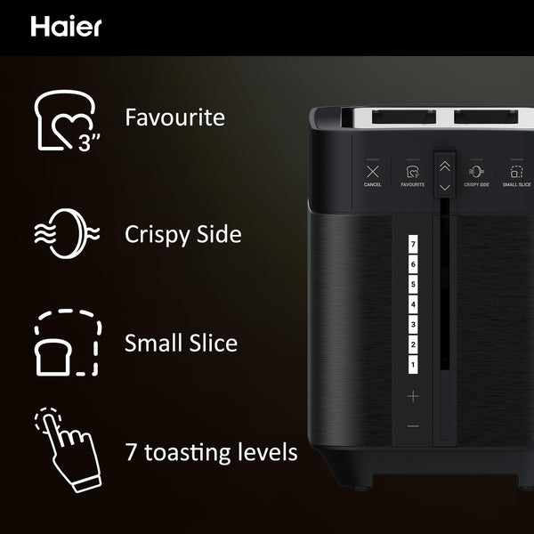 Haier Toaster, I-Master Series 5, 2 Slices with Extra Large Slots, 7 Toasting Levels, Stainless Steel, On App, Black [HTO5A3]