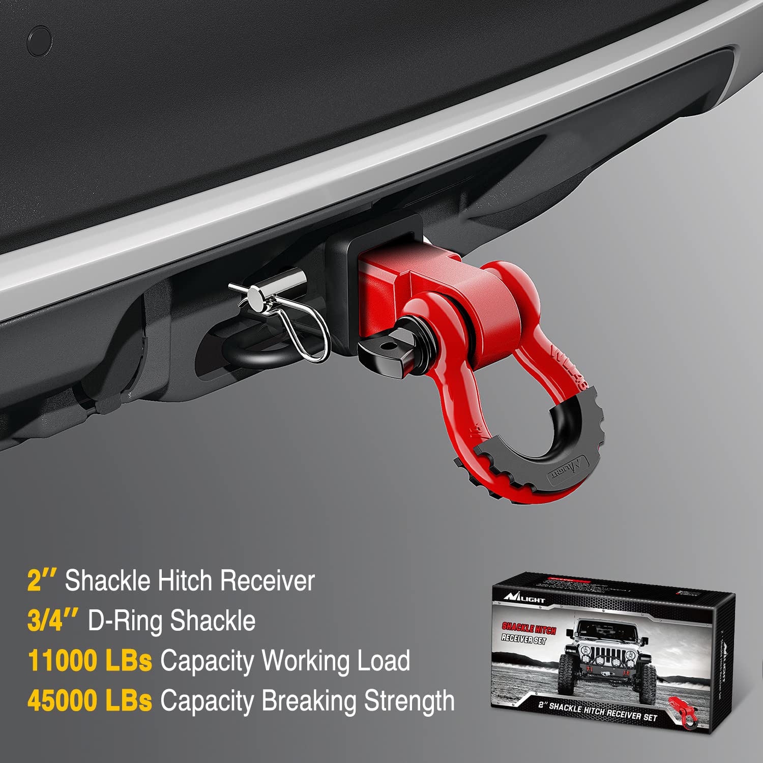 Nilight Shackle Hitch Receiver 2Inch 45000 LBs Breaking Strength 3/4" D Ring Shackle w/Trailer Hitch Pin Heavy Duty Solid Recovery Towing Kit for Trucks Jeeps Off Road,2 Years Warranty