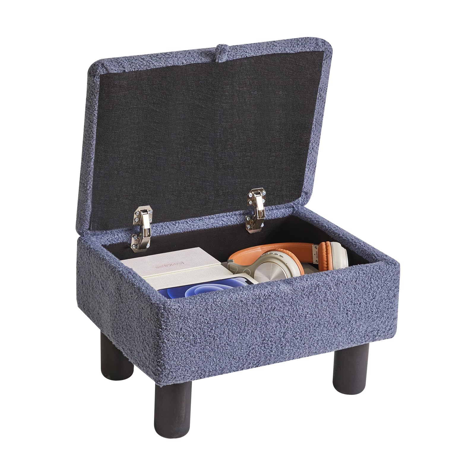 Aibiju Small Footstool Ottoman with Storage, Faux Teddy Fur Ottoman Pouffe Stool Change Shoe Footrest with Wood Legs for Living Room Bedroom, Blue