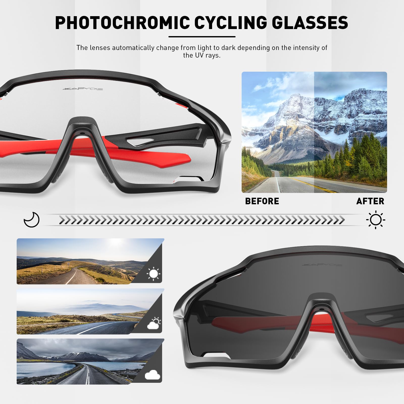 KAPVOE Photochromic Cycling Glasses, UV400 Protection, TR90 Frame, Men Women Clear Sports Sunglasses for Cycling, Running, Baseball, mtb, Driving,