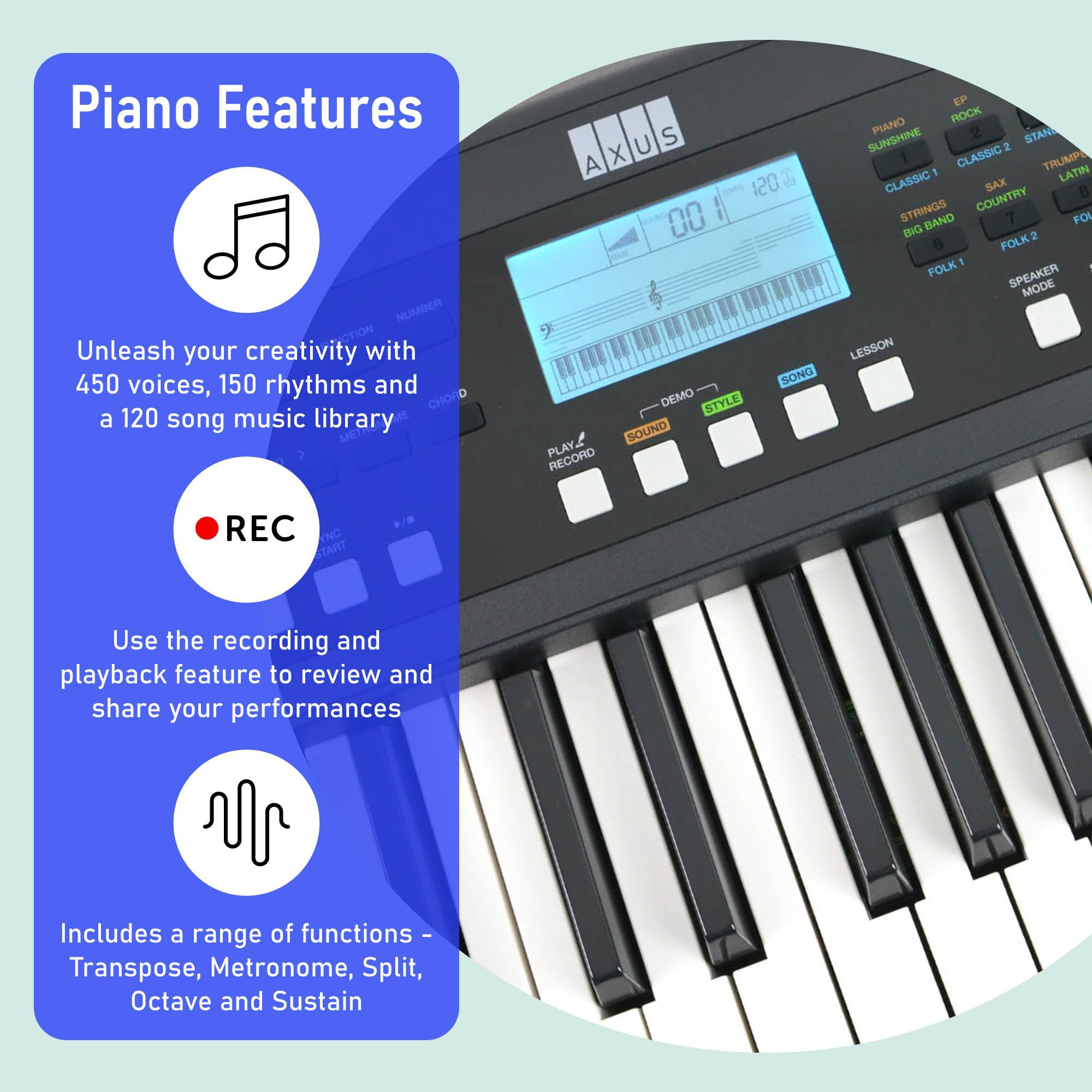 Axus AXD55 88 Key Digital Piano Keyboard with Touch Sensitive Keys, Sustain Pedal and High-Level Features and Functions.