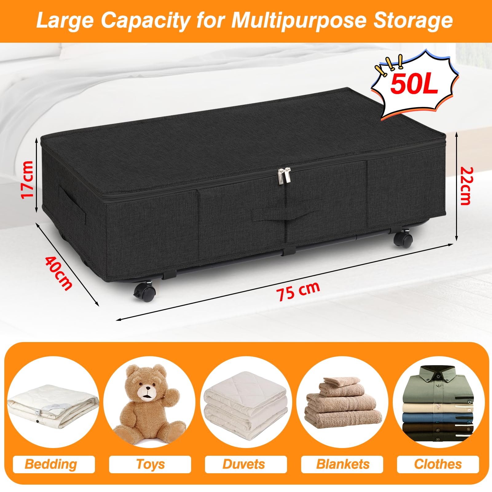 Huquter Underbed Storage on Wheels 50L, 2 Pack Foldable Under Bed Storage Box with Lid & Zip, Large Underbed Storage with Wheels Black with Metal