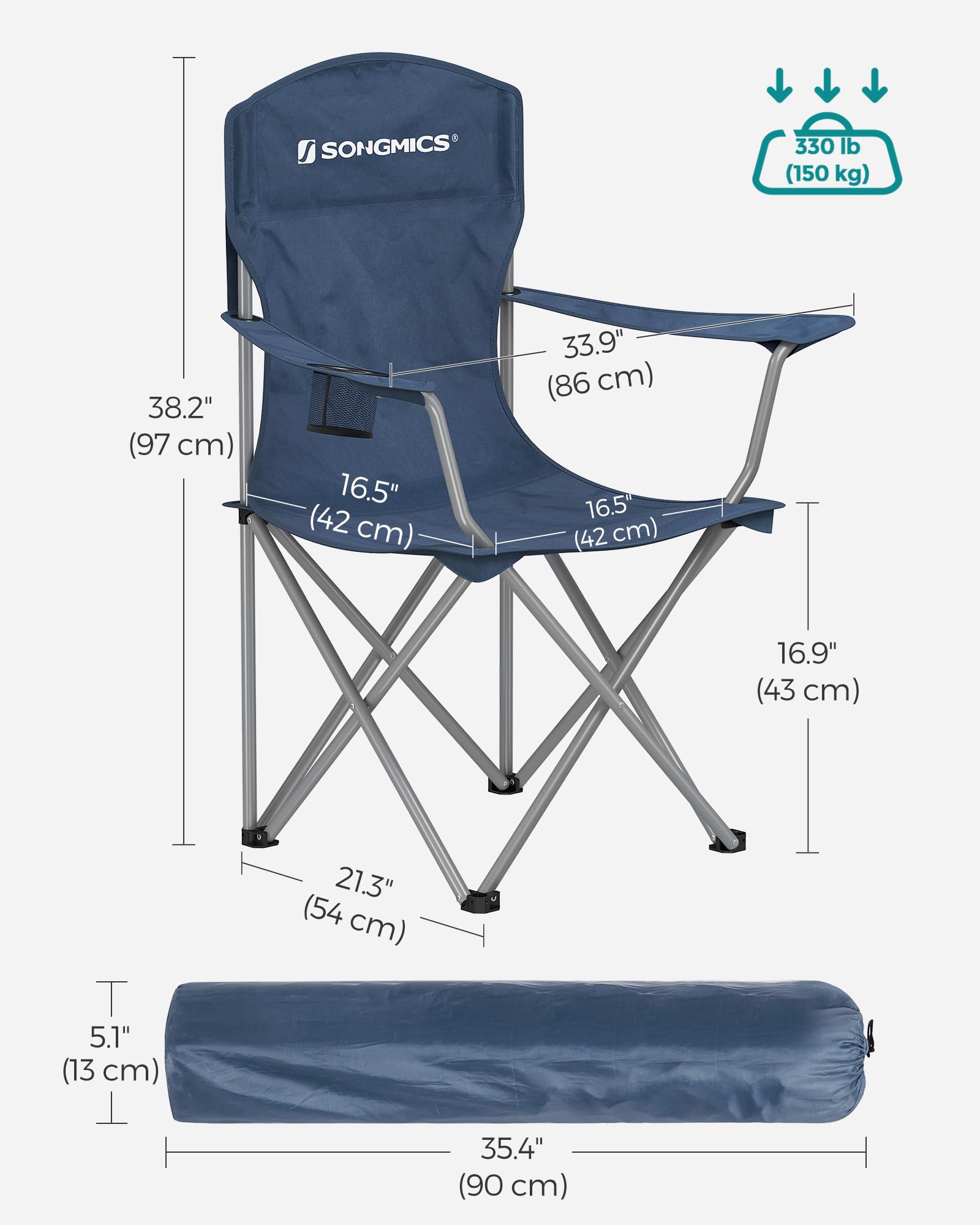 SONGMICS Set of 2 Folding Chairs, Camping Chairs, Comfortable Heavy Duty Structure, Max. Load 150 kg, with Drink Holder, Outdoor Chair