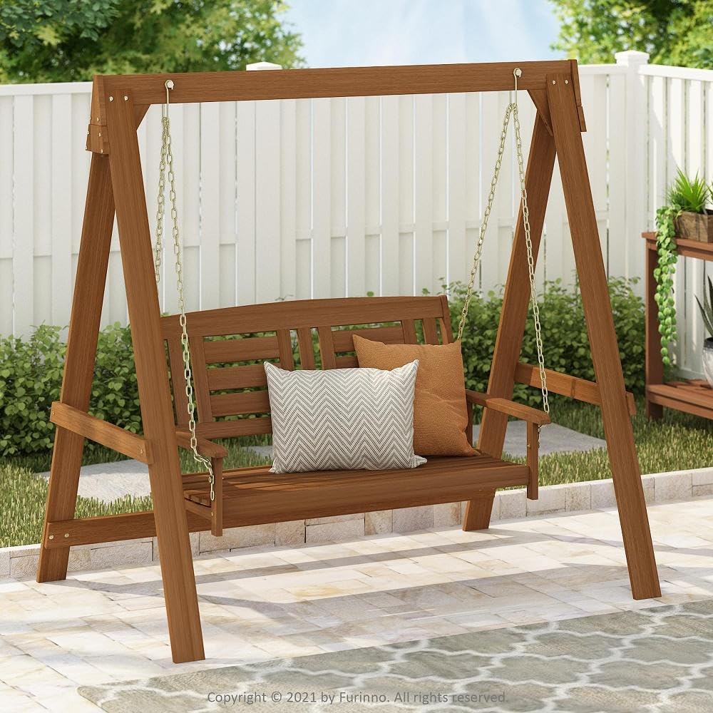Furinno Tioman Hardwood Hanging Porch Swing with Stand in Teak Oil, Natural