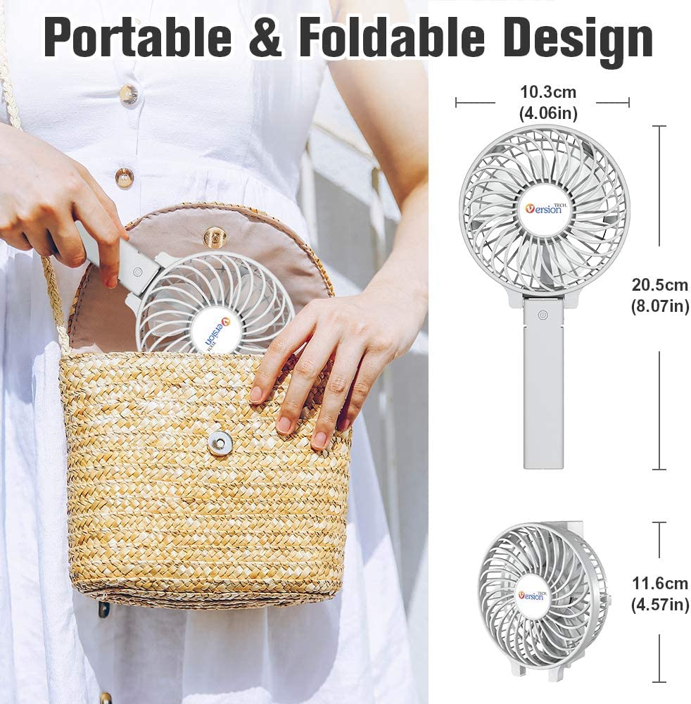 VersionTech Hand Held Fan,Portable Handheld USB Rechargeable Fans with 3 Speeds,Battery Operated Electric Powered Mini Foldable Desk Desktop Fans for Home Office Ceiling Travel Black