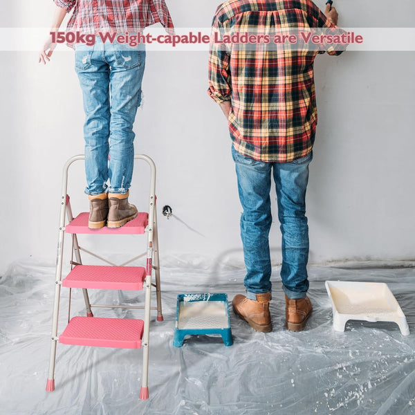 BONTEC 4 Step Ladder Folding, Heavy Duty Foldable Step Stool with Wide Anti-Slip Pedals, Sponge Handrail and Tool Tray, Portable Household Ladder 150kg Capacity, Compact Collapsible Indoor Ladder