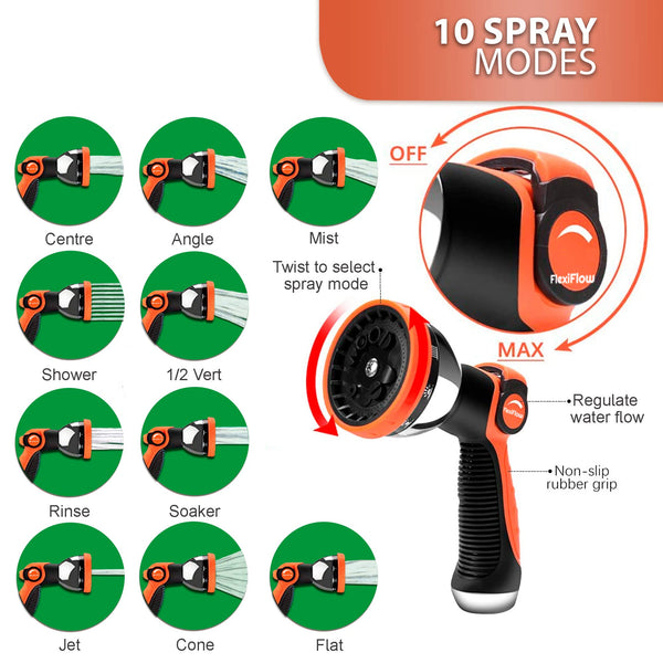 Flexiflow Expandable Garden Hose with 10 Function Spray Gun | Expandable Hose - 15m / 50 feet