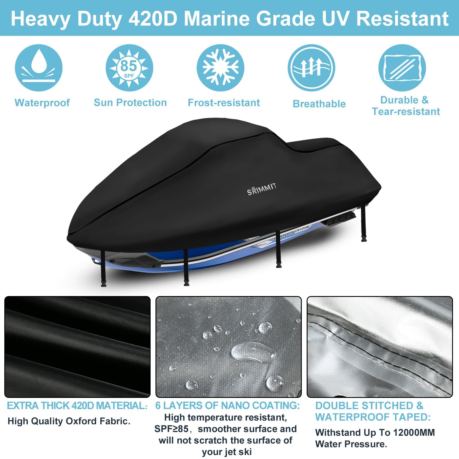 Jet Ski Cover 3 Seater,Upgraded Heavy Duty 420D Jetski Covers Waterproof with 2 Air Vent Marine Grade UV Resistant Fits Seadoo,Kawasaki,Waverunner