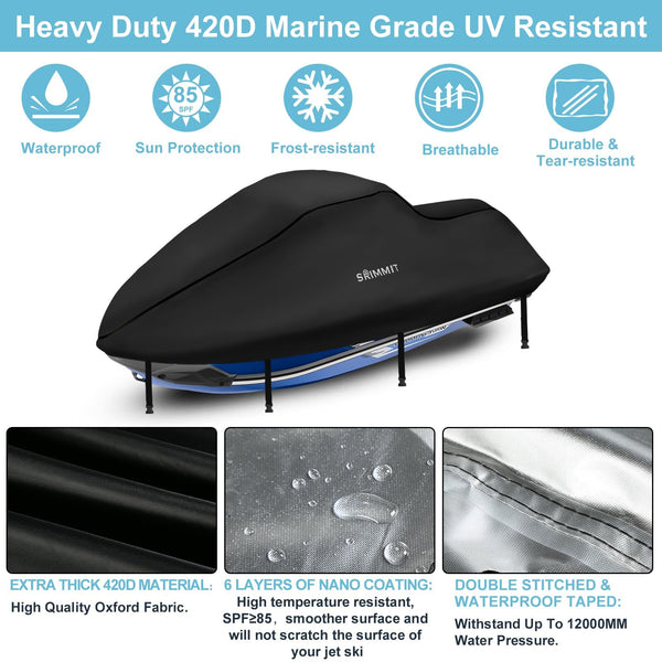 Jet Ski Cover 3 Seater,Upgraded Heavy Duty 420D Jetski Covers Waterproof with 2 Air Vent Marine Grade UV Resistant Fits Seadoo,Kawasaki,Waverunner