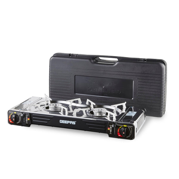 Geepas Gas Stove Single Burner – Portable Camping Stove BBQ Cooker with Carry Case, Outdoor Grill Plate – Automatic Ignition System, Enamel Pan Support, Butane Can or LPG Gas Source