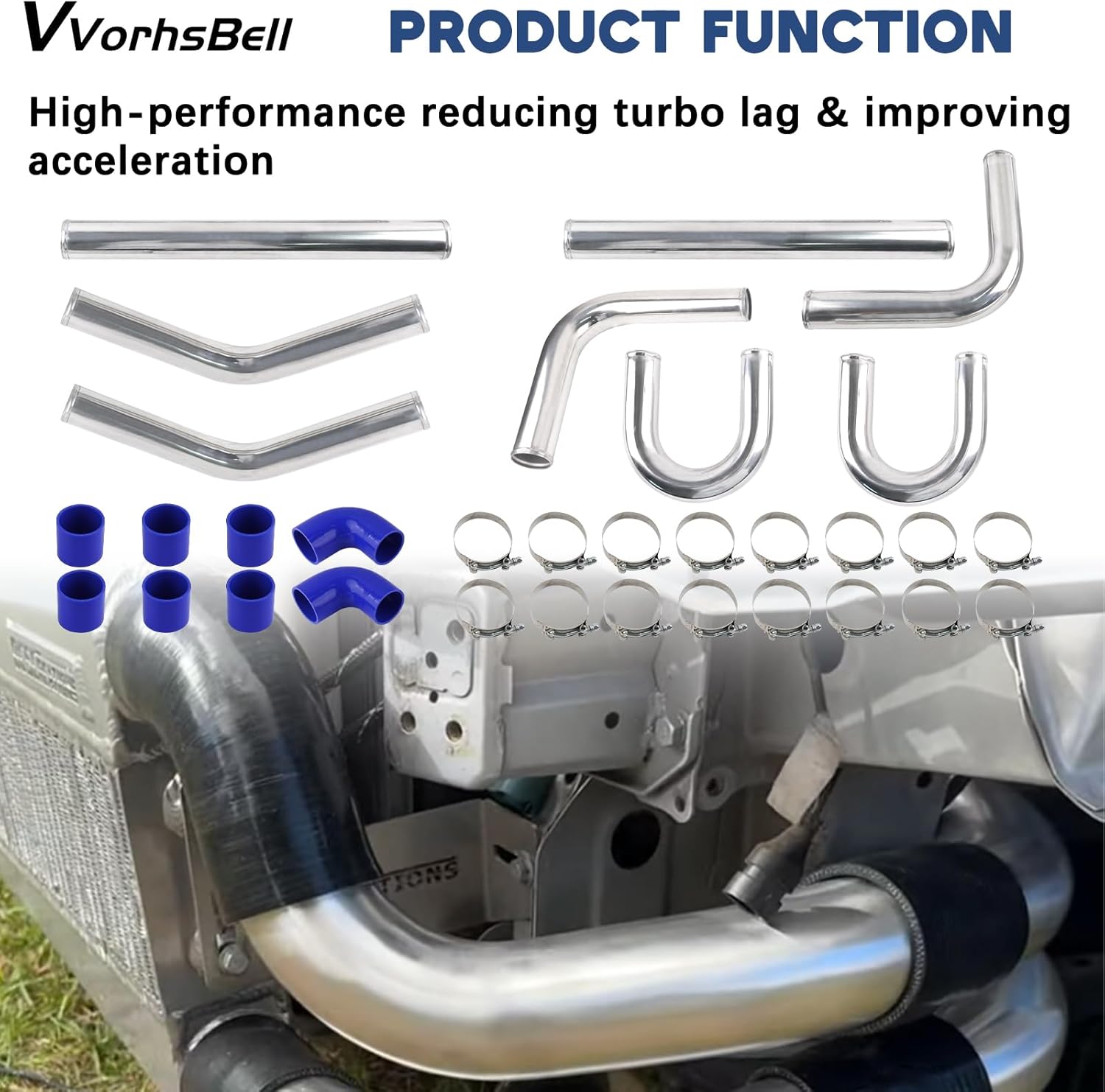 VVORHSBELL 2.5" Turbo Intercooler Pipe Universal Aluminum Turbo Intercooler Piping Set with Silicone Hoses & T-Clamps for Car Modifications (Diesel/Gas)