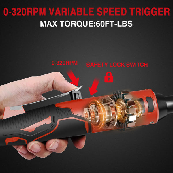 Funnyway 20V Cordless Ratchet Wrench, 3/8”Cordless Ratchet, Max Torque 80N.m, 320RPM Power Battery Ratchet with Variable Speed, Including 2 x 2.0Ah Batteries, LED Light, 6 Sockets (Red)