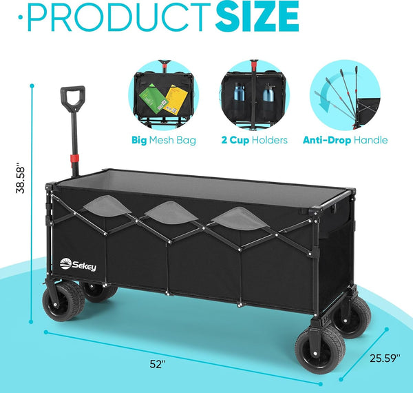 Sekey 400L Folding Beach Trolley, 440lbs Weight Capacity Heavy Duty Collapsible Festival Wagon Cart with Big All-Terrain Wide Wheels & Drink Holders, Foldable Outdoor Wagon for Garden Camping, Black