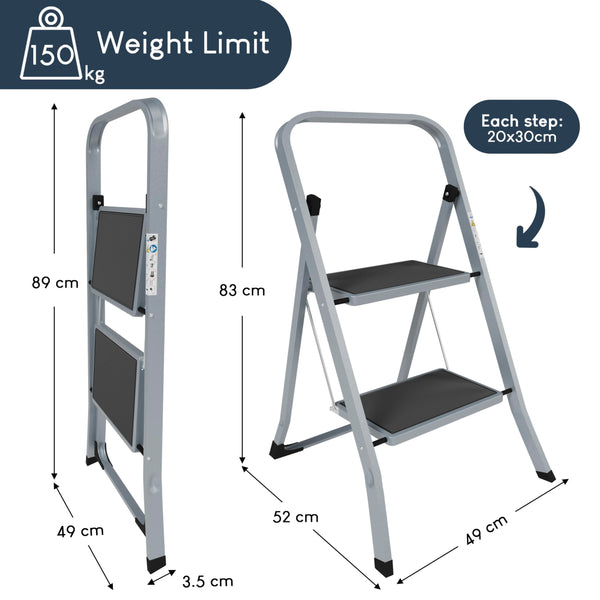 Home Vida 3 Step Ladder - Heavy Duty Steel Folding Ladder with Slip-Resistant and Wide Steps, Folding Mechanism, 150kg Max Load, Home/Kitchen/DIY/Garden Use, White