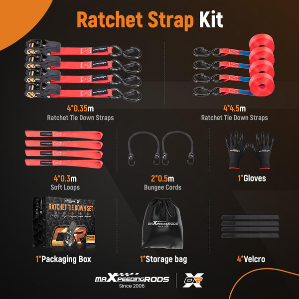 maXpeedingrods 4x 997kg Tie Down Straps 15ft (4.5m), Ratchet Straps 2200lb, Lashing Straps 25mm, Straps with safety clip S-hooks, motorcycle tie down straps, EN 12195-2 - Blue