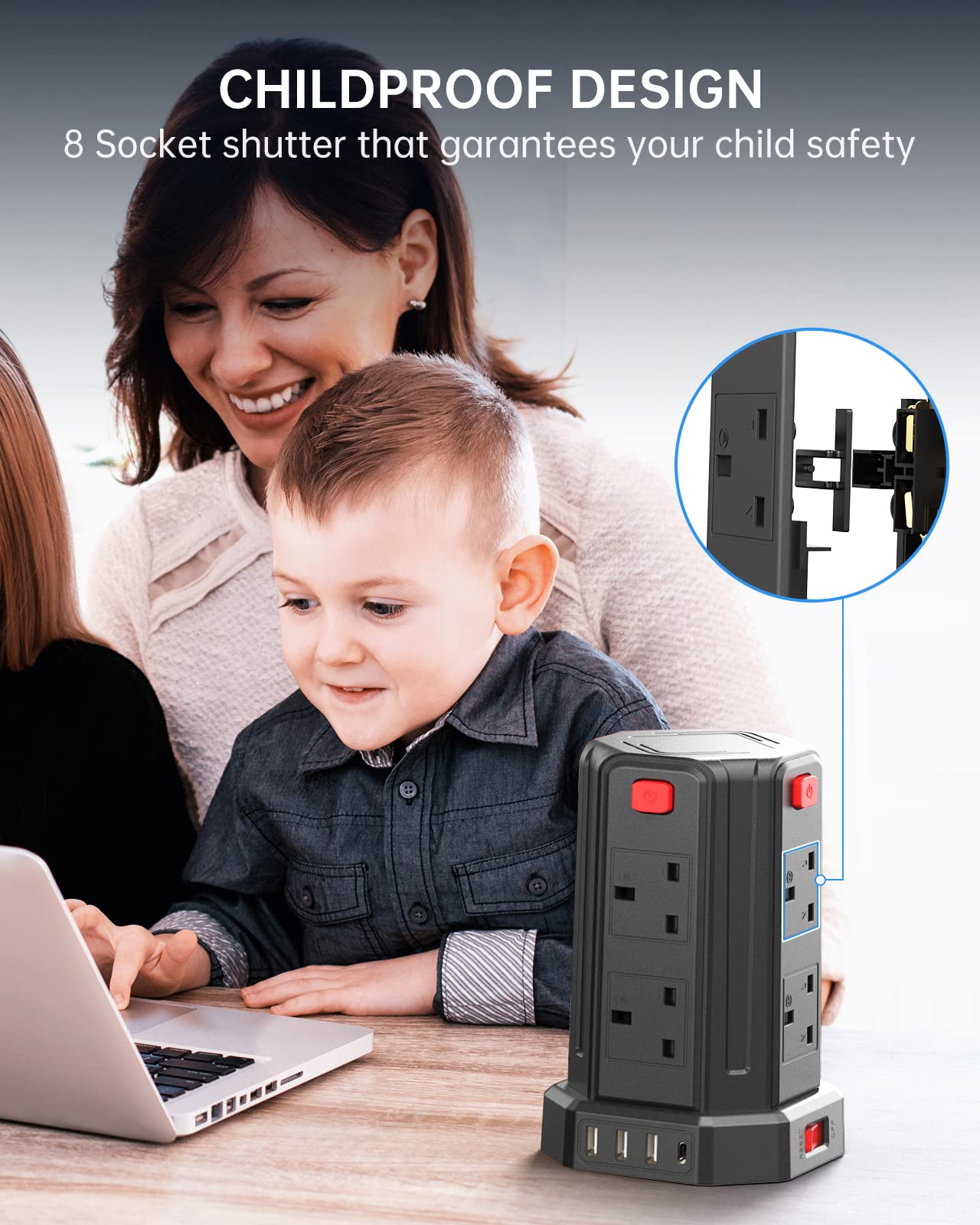 Tower Extension Lead, (3250W 13A) Extension Tower 8 AC Outlets & 4 USB Ports, Surge Protection Extension Lead with 4 Independent Switch, 17W USB C Ports Extension Cable 3M for Office, Home, Kitchen