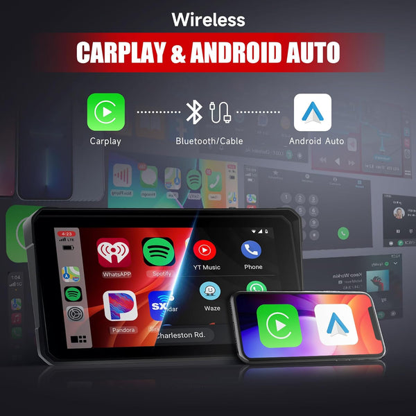 Motorcycle Carplay Screen with Bluetooth, 6 Inch Touchscreen Wireless CarPlay & Android Auto Airplay Screen for Moto GPS Navigation for Motorbike Waterproof, Voice Control, Voice Assistant, TF