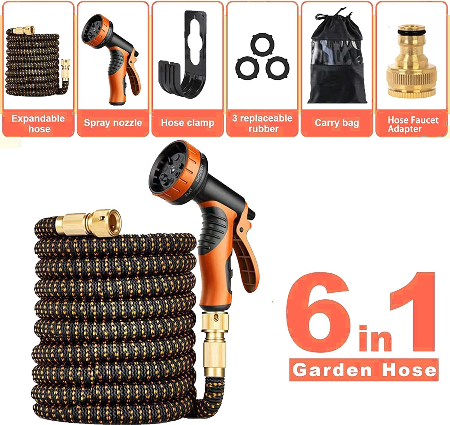 Expandable Garden Hose with 10 Modes Water Spray Gun,3/4"&1/2" Solid Brass Connectors, Durable 3450D Weave, Garden Hose Reel,No-Kink Flexible Magic