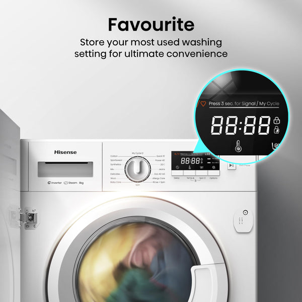 Hisense 3 Series WFQA9014EVJM Freestanding 9 KG Front Load Washing Durable Inverter Machine Steam Wash Quick Wash 15 Washing Programs 1400 RPM White- Energy Rating A