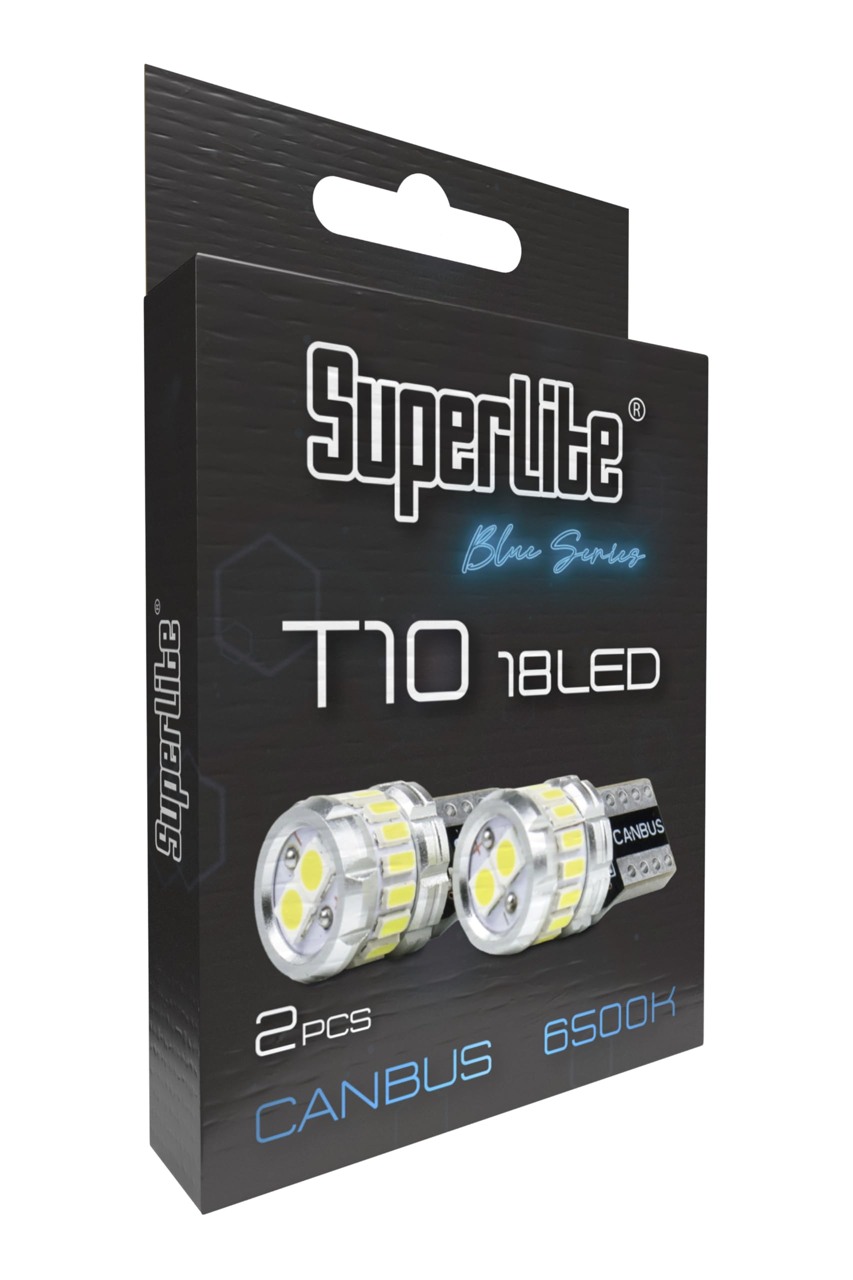 Superlite Set of 2 T10 Bulbs with 18 Leds from the Blue Series range. CanBus Technology and 6500K Colour Temperature. Ideal for Car and Truck.
