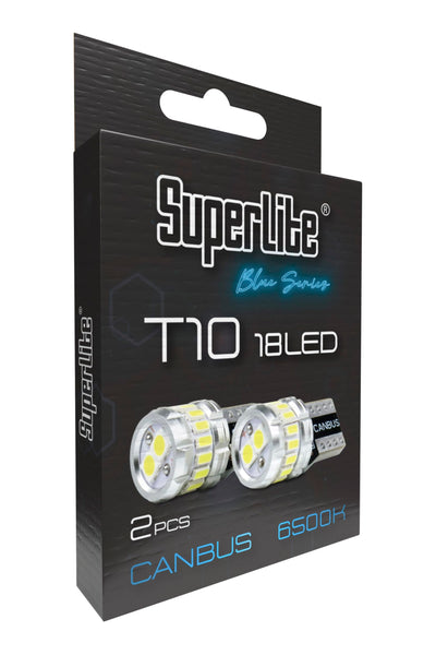 Superlite Set of 2 T10 Bulbs with 18 Leds from the Blue Series range. CanBus Technology and 6500K Colour Temperature. Ideal for Car and Truck.
