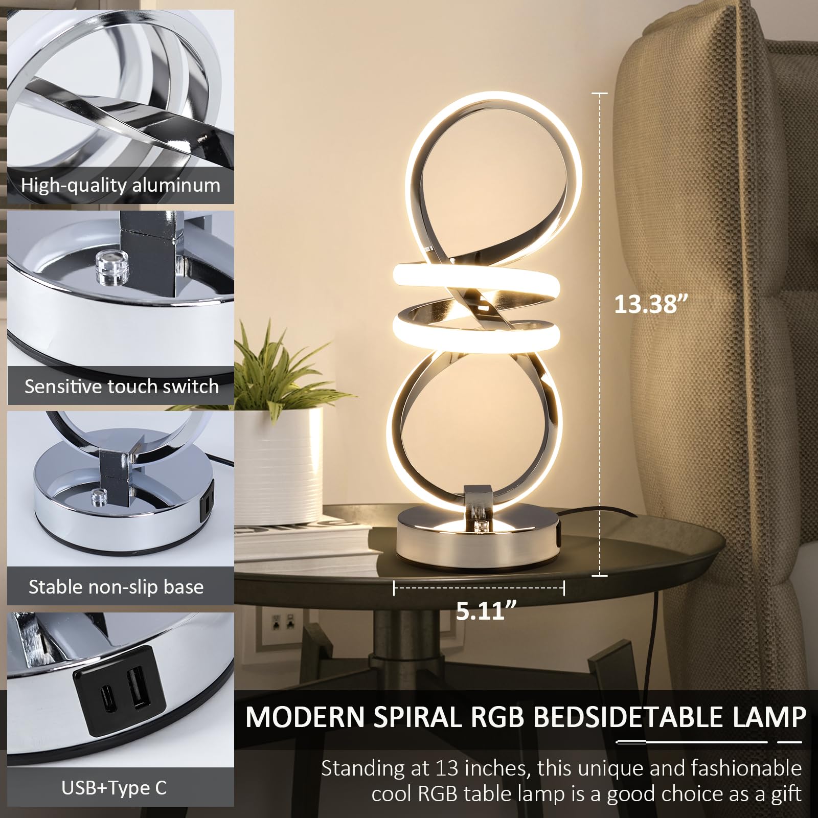 EIDISUNY RGB Bedside Table Lamp,Touch Control Dimmable Lamp with 6 Color Changing and 3 Levels Warm White,LED Modern Nightstand lamp with USB Ports,