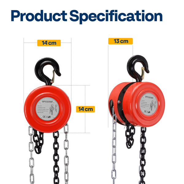 SPECSTAR Hand Chain Hoist 1250kg Capacity 3m with 2 Heavy Duty Hooks Manual Chain Fall for Warehouse Building Automotive Machinery