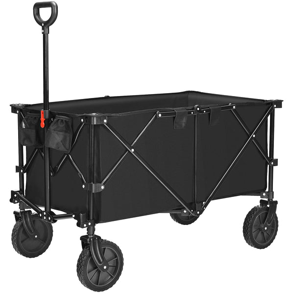 COSTWAY Folding Camping Wagon, Collapsible Beach Garden Trolley with Cup Holders and Adjustable Handle, Canvas Transport Utility Cart for Shopping Gardening Sporting Events (Navy Blue)