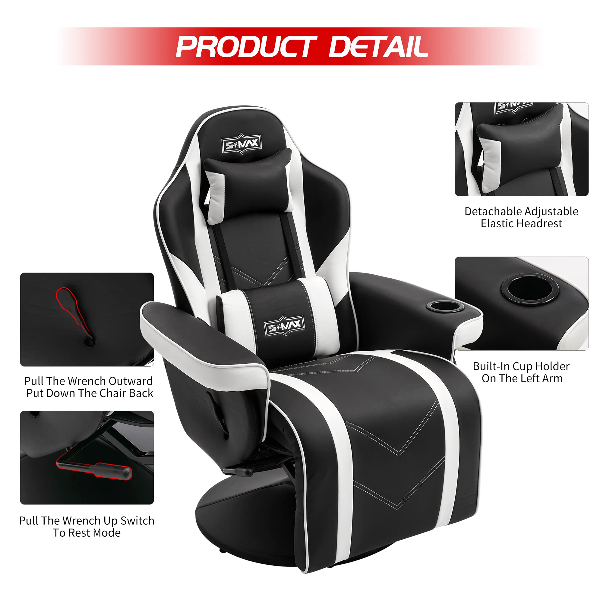 S*MAX Gaming Chair Recliner Height Adjustable Ergonomic Higher Back and Wider Lumbar Support Swivel PU Leather Gaming Chair with Footrest Cup Holder Gamer Chairs for Adults Black X Large