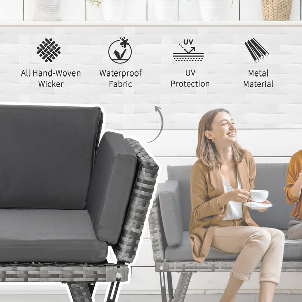 Outsunny Rattan Garden Sofa Bed with Adjustable Armrests, 2-in-1 Convertible Couch Garden Daybed Lounger, Outdoor Folding Chaise Lounge Loveseat with Cushions for Porch, Patio, Brown