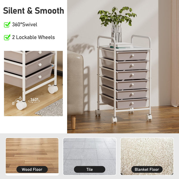 Johgee 6 Drawers Plastic Storage Cart, Multipurpose Mobile Organizer Shelving Unit with Lockable Wheels, Utility Rolling Cart Storage Trolley for Home