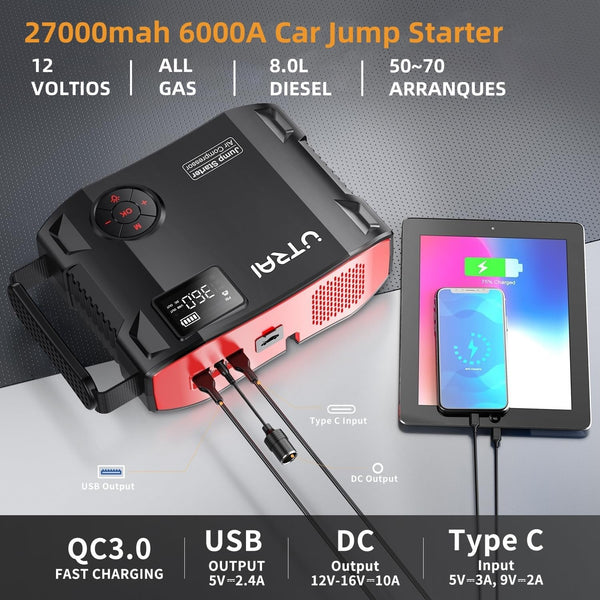 6000A Jump Starter Power Pack with 150PSI Air Compressor,UTRAI 27000mAh 12V Portable Emergency Car Battery Booster Jump Starter for All Gas/8L Diesel,DC160W,QC3.0,18W Fast Charging,LED Flashlight