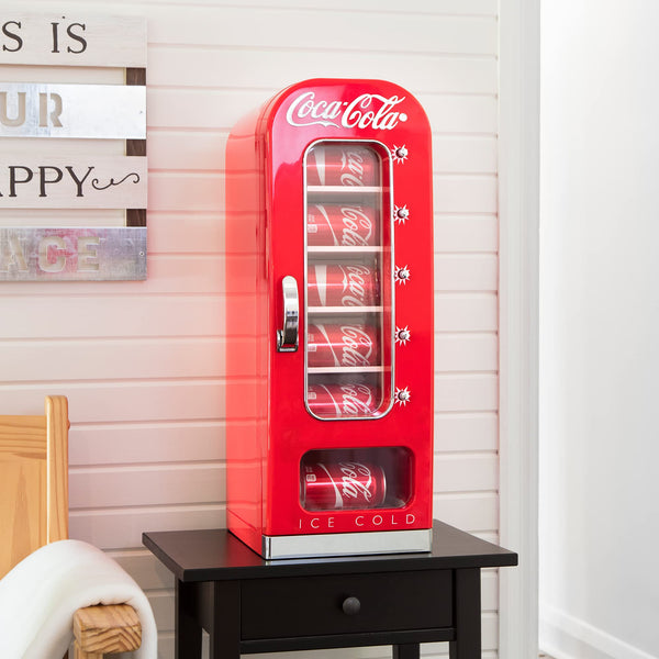 Coca Cola Mini Fridge For Bedrooms 5L Retro Vending Machine Style Cool Box 10 Can Quiet Mini Fridges with Display Window For Coke Beverages Food Drinks Home 12v Portable Cooler Box, Red