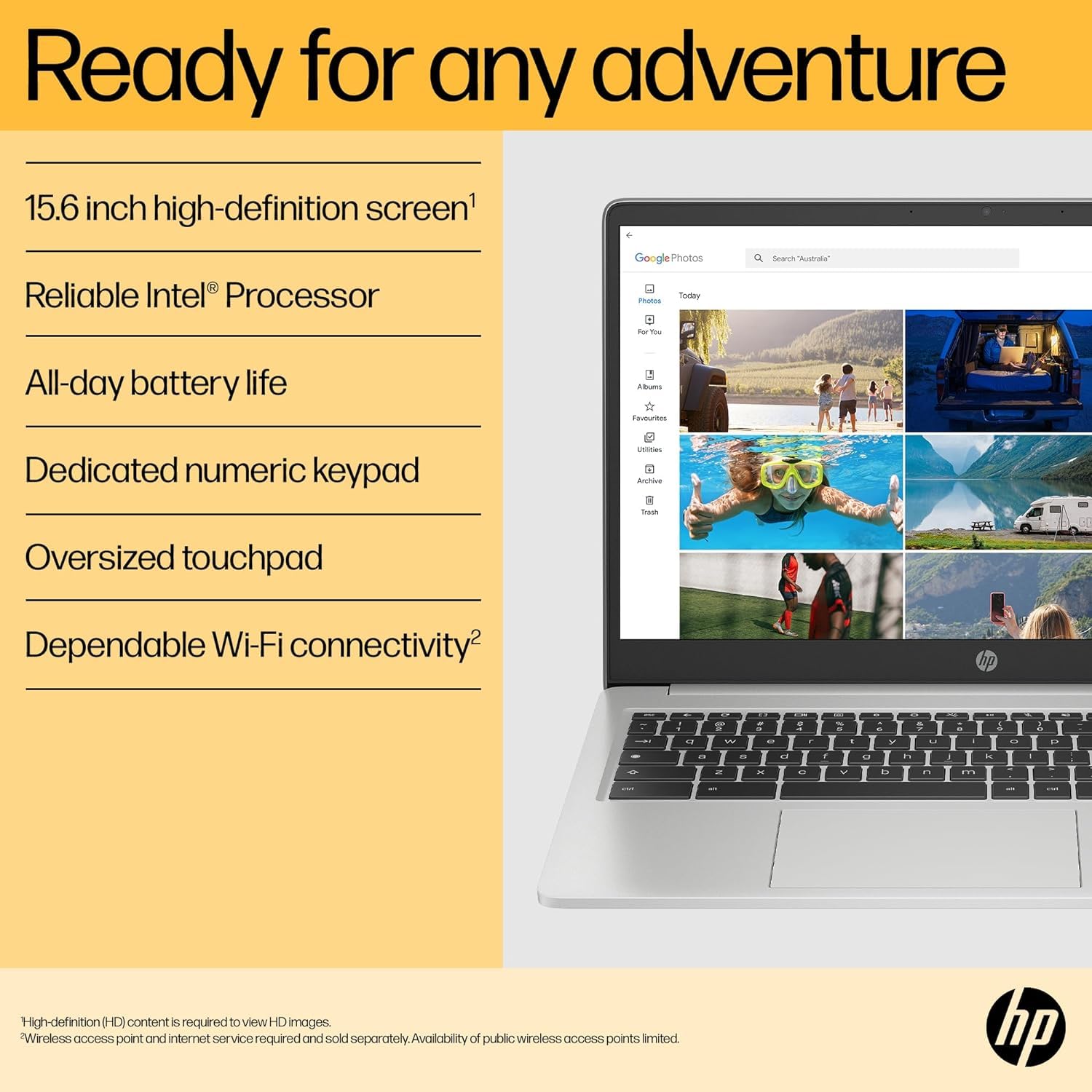 HP Chromebook 14" | Intel Processor N100 Processor| 4 GB RAM | 128 GB Flash Storage | Intel UHD Graphics | HD Display | Up to 12hrs battery | Chrome OS | Dual Speakers | Glacier Silver | 14a-nf0002sa