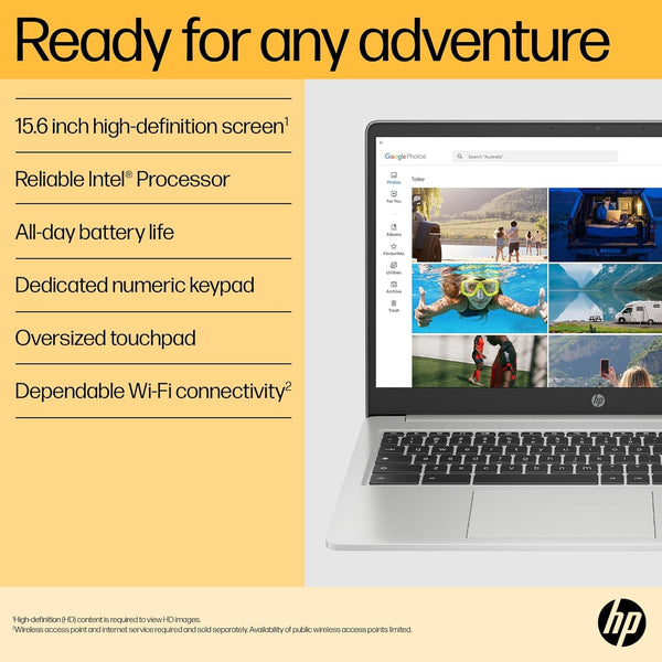 HP Chromebook 14" | Intel Processor N100 Processor| 4 GB RAM | 128 GB Flash Storage | Intel UHD Graphics | HD Display | Up to 12hrs battery | Chrome OS | Dual Speakers | Glacier Silver | 14a-nf0002sa