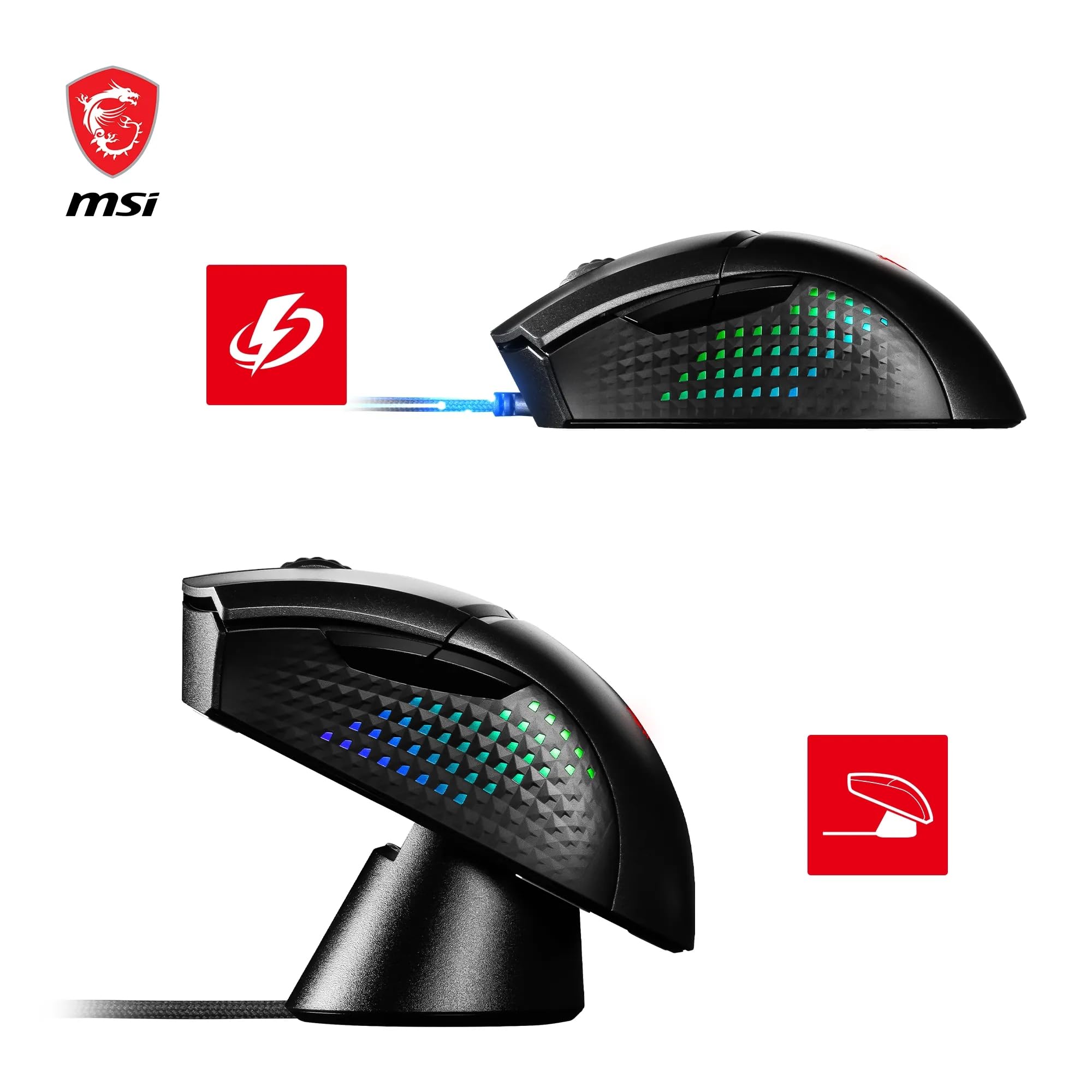 MSI CLUTCH GM51 LIGHTWEIGHT Gaming Mouse - 26000 DPI Optical Sensor, Elite 0.125ms Latency, 60M+ Click OMRON Switches, 6-Buttons, FriXionFree Cable, RGB Diamond LightGrips, 75g - Wired