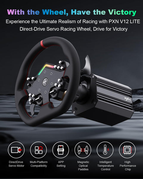 PXN V12 Lite Gaming Steering Wheel, Direct Drive Servo Racing Wheel - PC Steering Wheel with Pedals, Alloy Frame, 6Nm FFB, Driving Sim Pro Steering Wheel for PC, PS4 and Xbox