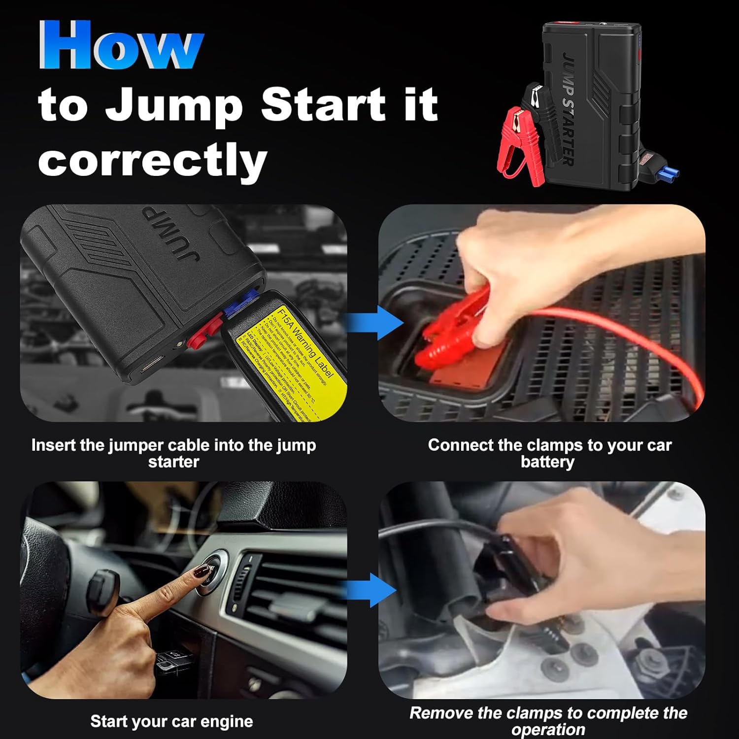 Jump Starter Power Pack, 1500A Car Battery Booster Jump Start er for 12V Vehicle, Car Jump Starter Power Bank with LED, and Jump Leads for Up to 7.0L Gas and 5.5L Diesel Engines