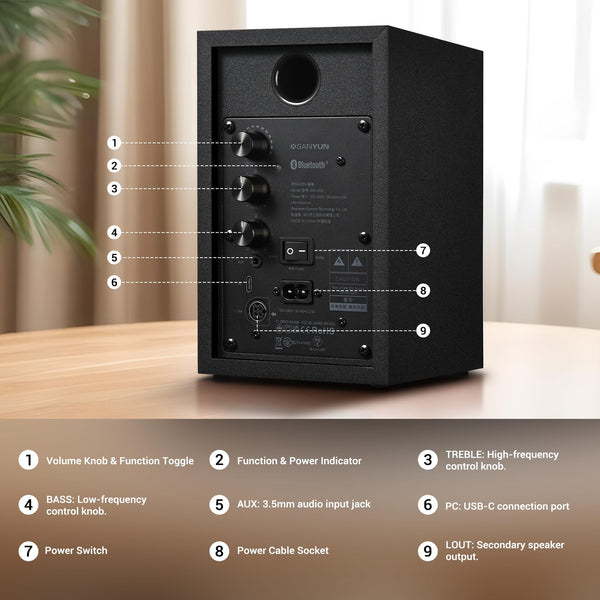 Sanyun SW203 4.0 Computer Speakers - 60W 4-Way DSP Control 3D Immersive Sound - 3" Carbon Fiber Woofer & 20mm Silk Dome Tweeter - 24bit DAC USB/Bluetooth 5.4/AUX - Studio-Grade Audio (Pair, Black)
