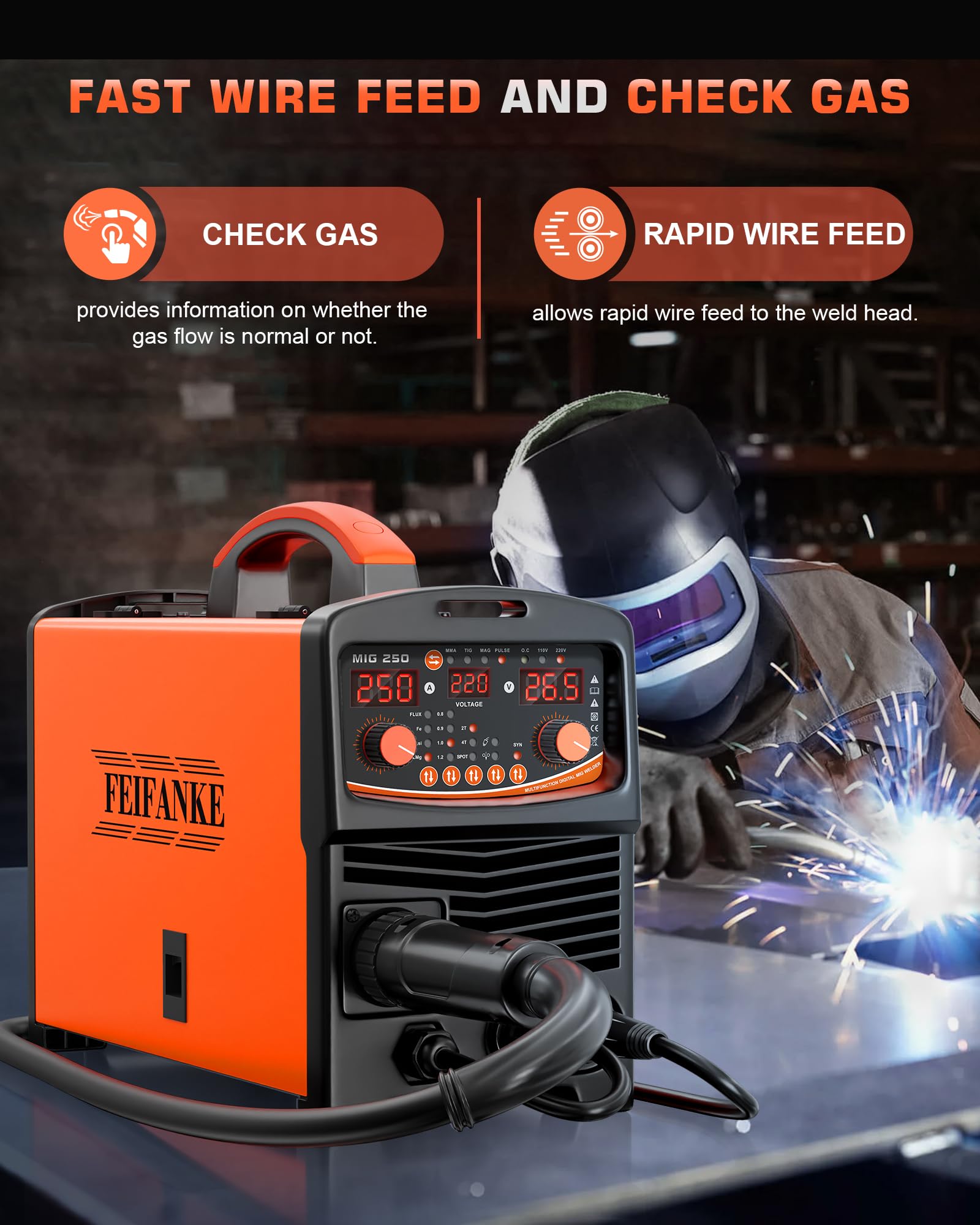 FEIFANKE MIG Welders 240V 250A 6 in 1 Without Gas MIG/Gas MIG/MMA/Lift TIG/Spot Welding/Single Pulse MIG Welding Machine IGBT Inverter Gasless MIG Welders with Fast Wire Feed Gas Test