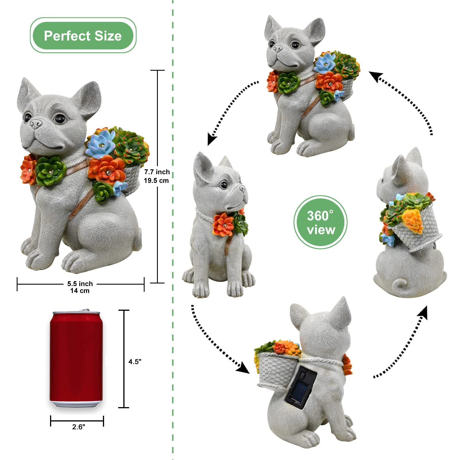 Goodeco Solar Garden Dog Statue with Succulent, 7 LED Lights - Outdoor Decor, Waterproof Resin Figurine, 19.5cm