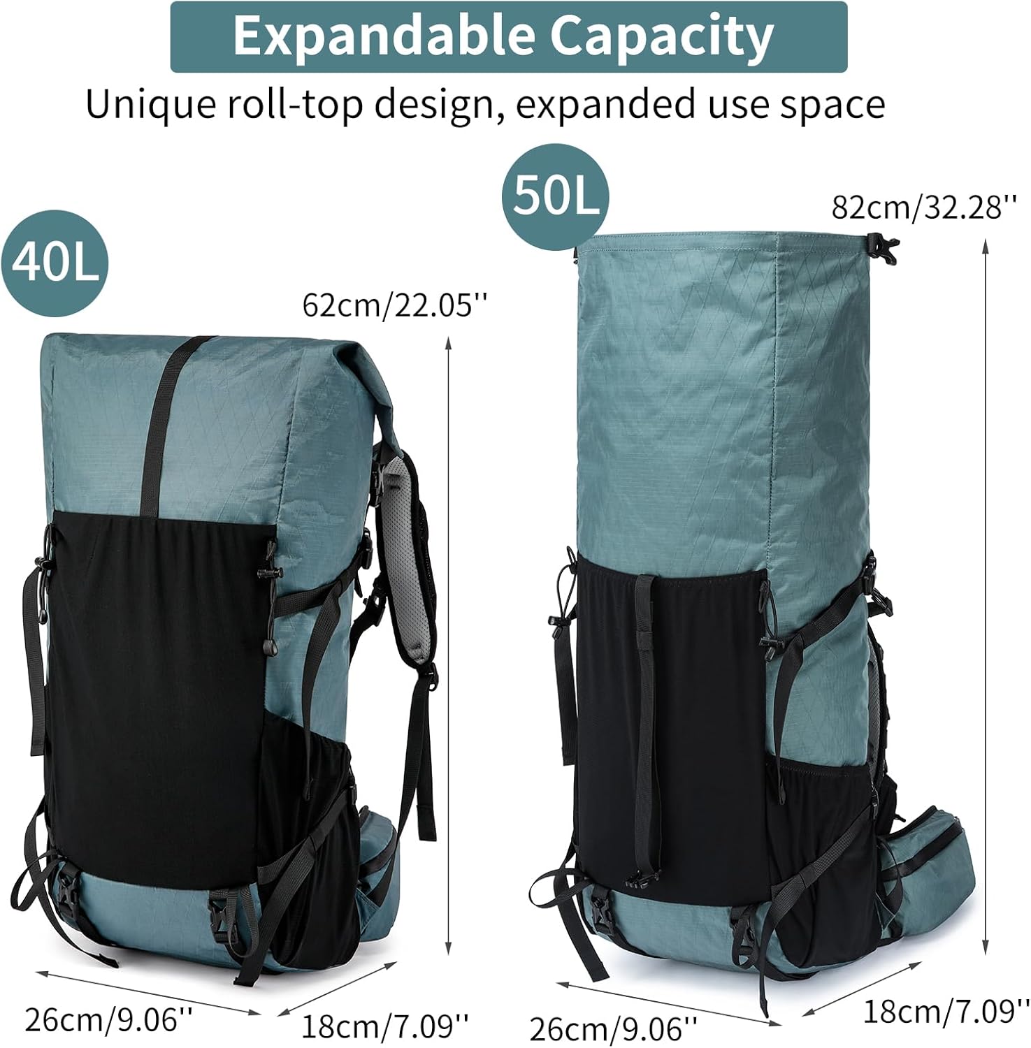 POWER KING 40L Expandable TO 50L Hiking Backpack,Upgraded X-PAC Scratch-proof Lightweight Large Rucksack for Mens Women, Outdoor Roll Top Camping Packsack, Fit for 15.6'' Laptop