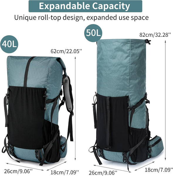 POWER KING 40L Expandable TO 50L Hiking Backpack,Upgraded X-PAC Scratch-proof Lightweight Large Rucksack for Mens Women, Outdoor Roll Top Camping Packsack, Fit for 15.6'' Laptop
