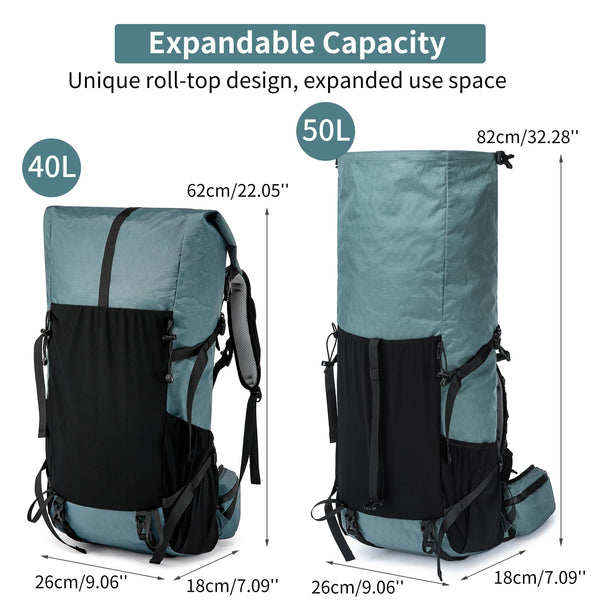 POWER KING 40L Expandable TO 50L Hiking Backpack,Upgraded X-PAC Scratch-proof Lightweight Large Rucksack for Mens Women, Outdoor Roll Top Camping Packsack, Fit for 15.6'' Laptop